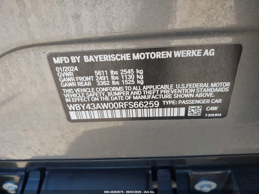 2024 BMW I4 VIN WBY43AW00RFS66259 IAAI salvage auction — LEFT FRONT, Salvage Title, sold $14,950 on 2026-07-07 (photo 9)