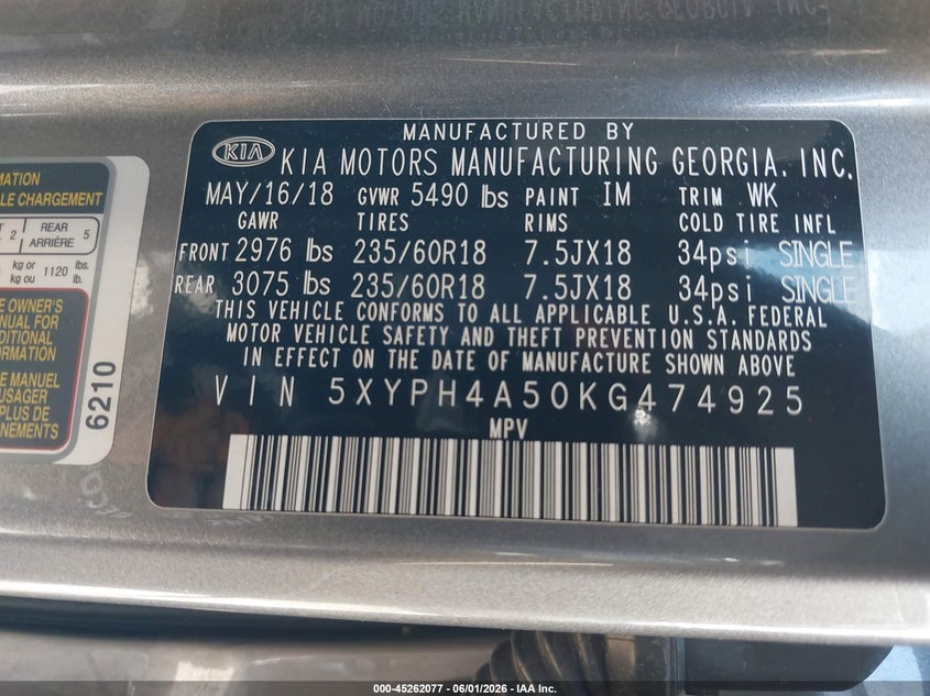 2019 Kia Sorento VIN 5XYPH4A50KG474925 IAAI salvage auction — FRONT END, Salvage Title, sold $1,300 on 2026-07-24 (photo 9)