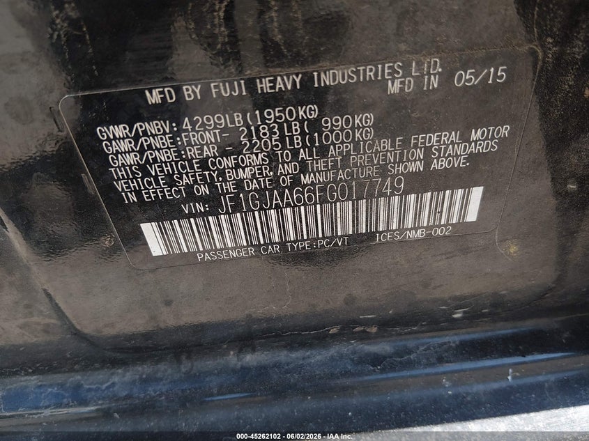 2015 Subaru Impreza VIN JF1GJAA66FG017749 IAAI salvage auction — FRONT END, Salvage Title, sold $400 on 2026-07-16 (photo 9)