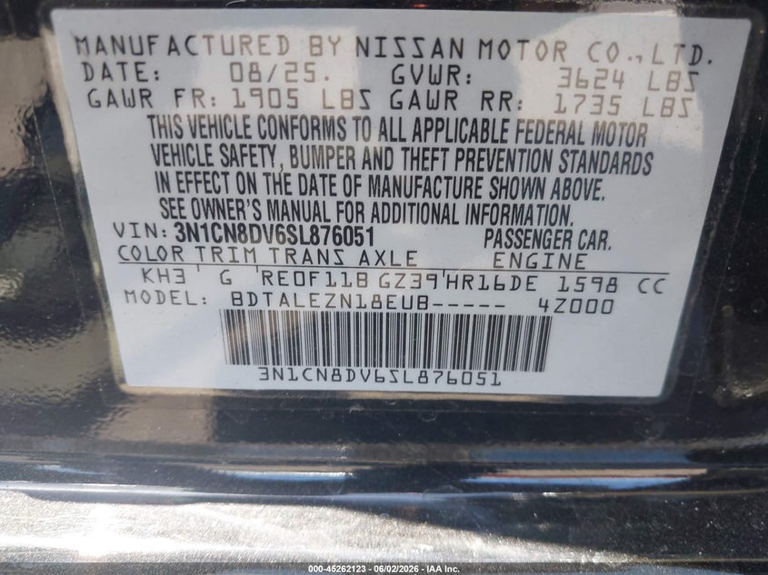 2025 Nissan Versa VIN 3N1CN8DV6SL876051 IAAI salvage auction — LEFT REAR, Salvage Certificate (California), sold $2,250 on 2026-07-25 (photo 9)