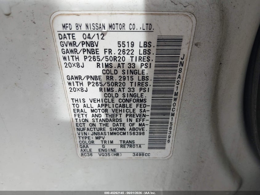 2012 Infiniti Fx VIN JN8AS1MW0CM156396 IAAI salvage auction — NORMAL WEAR, Clear (Montana), sold $1,075 on 2026-07-30 (photo 9)