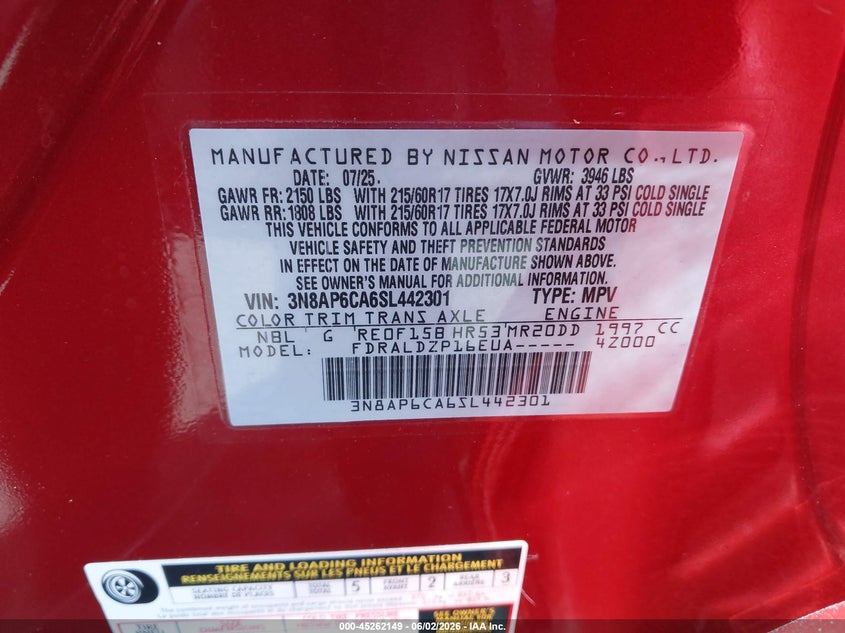 2025 Nissan Kicks VIN 3N8AP6CA6SL442301 IAAI salvage auction — RIGHT SIDE, Salvage Title, sold $4,600 on 2026-07-17 (photo 9)