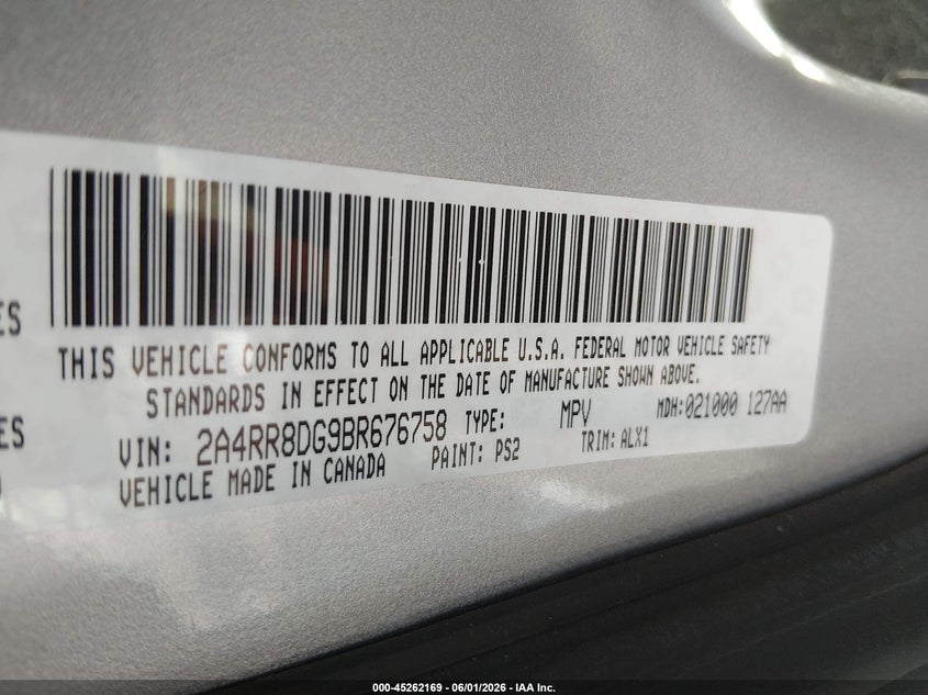 2011 Chrysler Town & country VIN 2A4RR8DG9BR676758 IAAI salvage auction — FRONT END, Salvage (North Carolina), sold $525 on 2026-07-23 (photo 9)