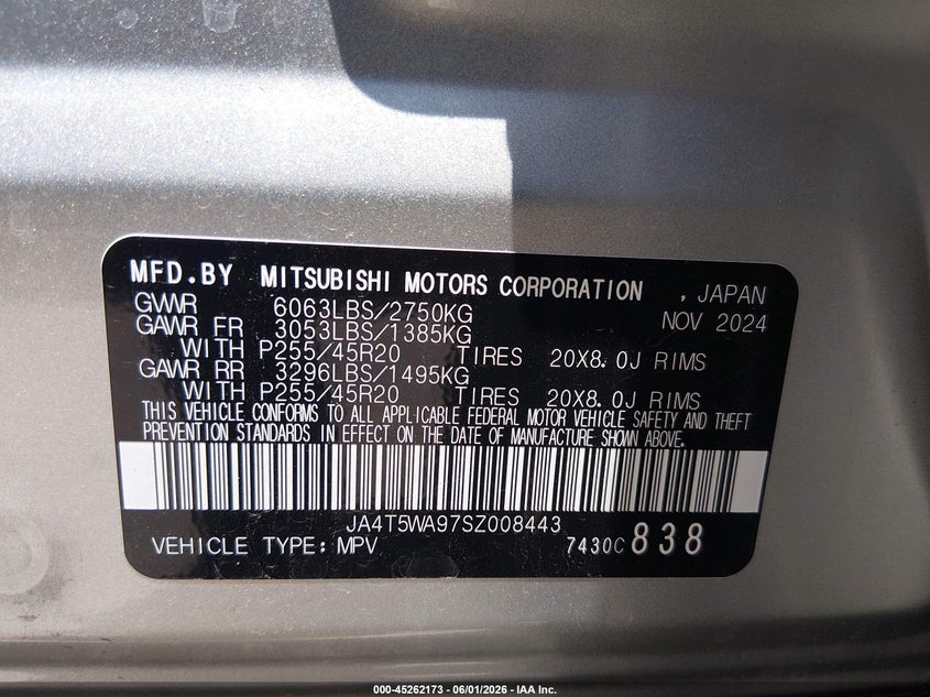 2025 Mitsubishi VIN JA4T5WA97SZ008443 IAAI salvage auction — LEFT FRONT, Salvage Title, sold $15,700 on 2026-07-24 (photo 9)