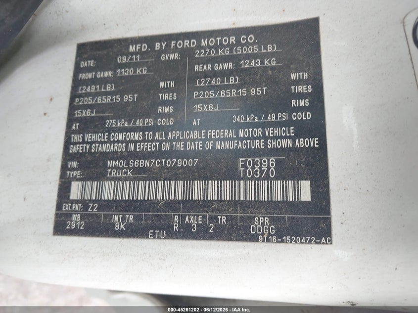 2012 Ford Transit VIN NM0LS6BN7CT079007 IAAI salvage auction — NORMAL WEAR, Original (Kentucky), sold $1,500 on 2026-07-26 (photo 9)