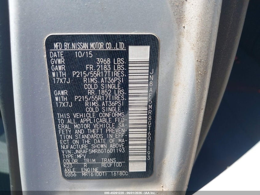 2016 Nissan Juke VIN JN8AF5MR8GT601193 IAAI salvage auction — HAIL, Original (Texas), sold $1,300 on 2026-07-30 (photo 9)