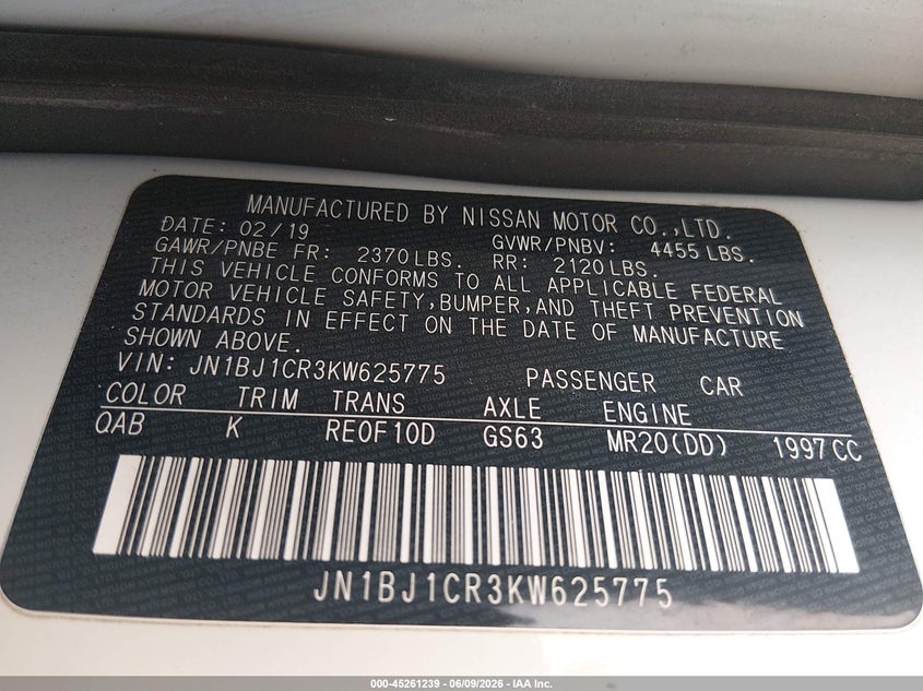 2019 Nissan Rogue VIN JN1BJ1CR3KW625775 IAAI salvage auction — FRONT END, Salvage Title, sold $1,800 on 2026-07-15 (photo 9)