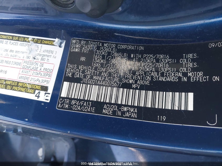 2004 Toyota Highlander VIN JTEGD21A440075677 IAAI salvage auction — FRONT END, Salvage (Idaho), sold $550 on 2026-07-07 (photo 9)