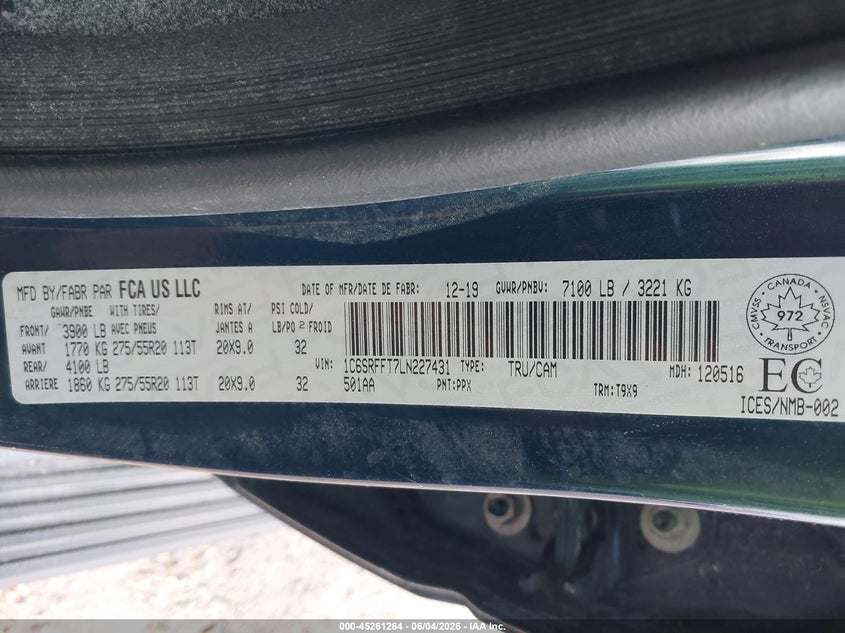 2020 Ram 1500 VIN 1C6SRFFT7LN227431 IAAI salvage auction — EXTERIOR BURN, Salvage (Idaho), sold $9,500 on 2026-07-29 (photo 9)