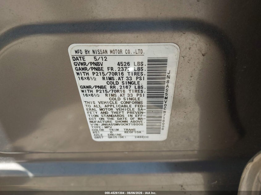 2012 Nissan Rogue VIN JN8AS5MV0CW718008 IAAI salvage auction — TOTAL BURN, Salvage Title, sold $400 on 2026-07-14 (photo 9)