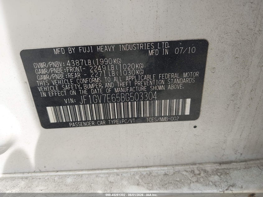 2011 Subaru Impreza VIN JF1GV7E65BG503304 IAAI salvage auction — FRONT END, Salvage (Virginia), sold $1,700 on 2026-07-14 (photo 9)