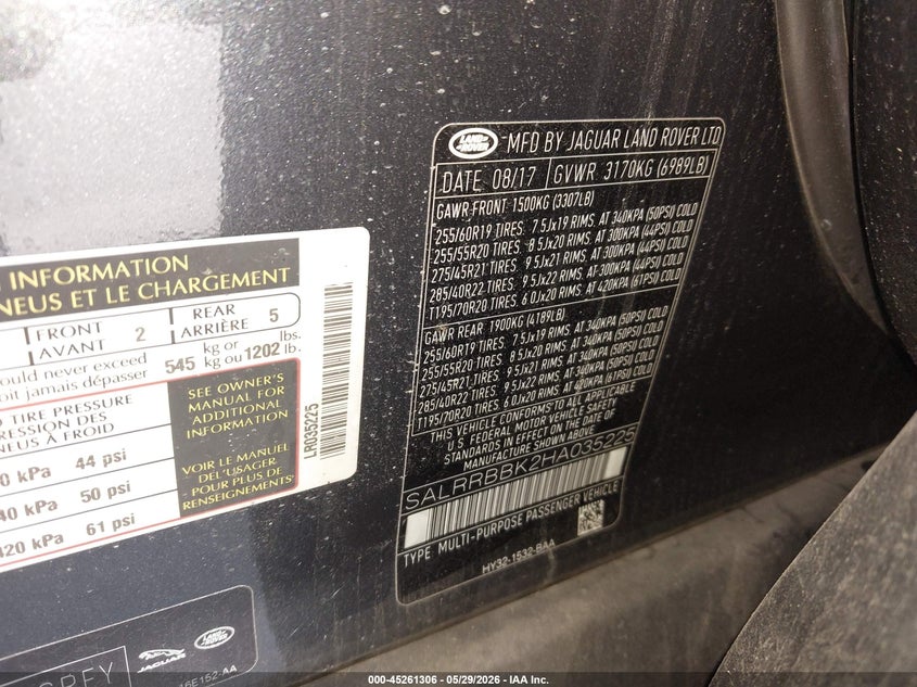 2017 Land rover Discovery VIN SALRRBBK2HA035225 IAAI salvage auction — NORMAL WEAR, Clear - Dealer Only (California), sold $5,450 on 2026-07-13 (photo 9)