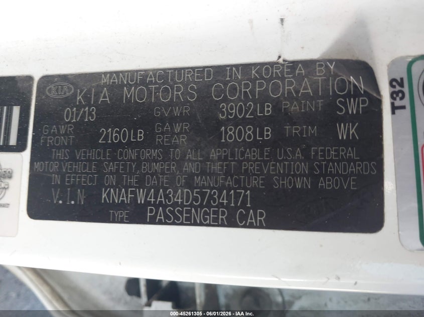 2013 Kia Forte VIN KNAFW4A34D5734171 IAAI salvage auction — THEFT, Salvage (Arizona), sold $650 on 2026-07-28 (photo 9)