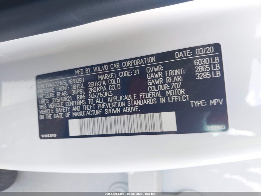 2020 Volvo Xc90 VIN YV4A221K5L1610093 IAAI salvage auction — LEFT REAR, Salvage Title, sold $14,650 on 2026-07-08 (photo 9)