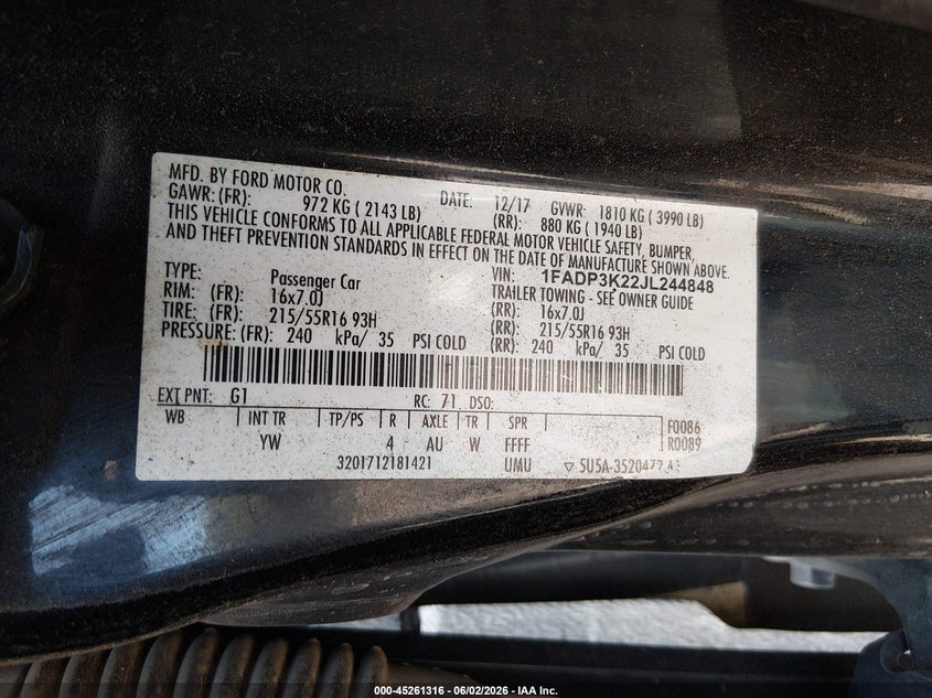 2018 Ford Focus VIN 1FADP3K22JL244848 IAAI salvage auction — BIO HAZARD, Salvage Title, sold $225 on 2026-07-09 (photo 9)