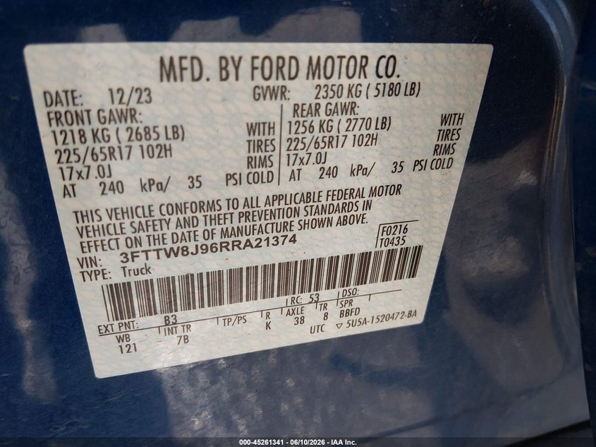 2024 Ford Maverick VIN 3FTTW8J96RRA21374 IAAI salvage auction — HAIL, Salvage (Kansas), sold $14,350 on 2026-07-31 (photo 9)