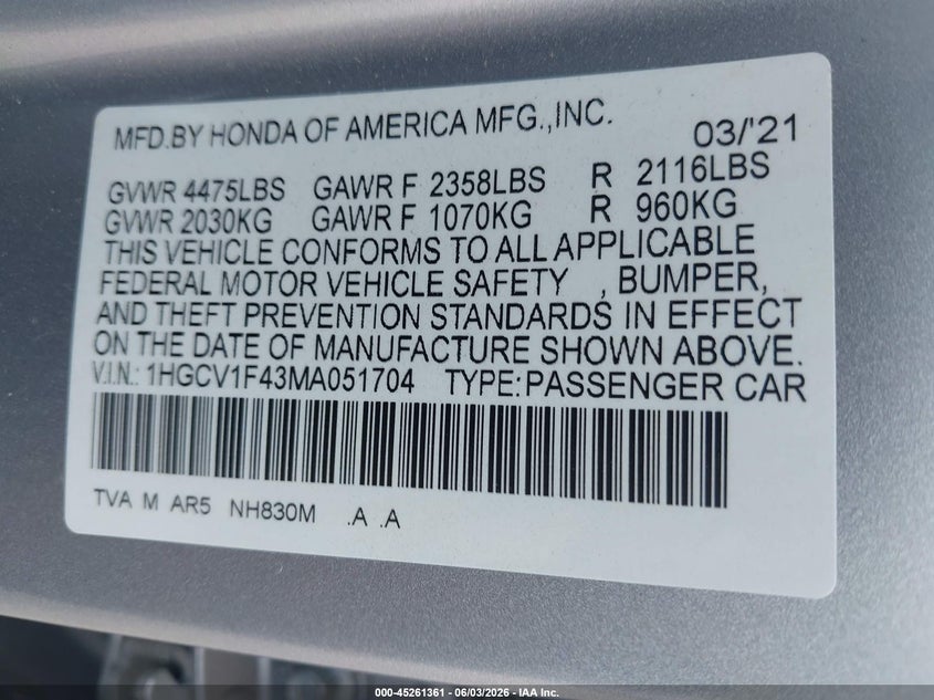 2021 Honda Accord VIN 1HGCV1F43MA051704 IAAI salvage auction — RIGHT SIDE, Original (Texas), sold $11,175 on 2026-07-29 (photo 9)