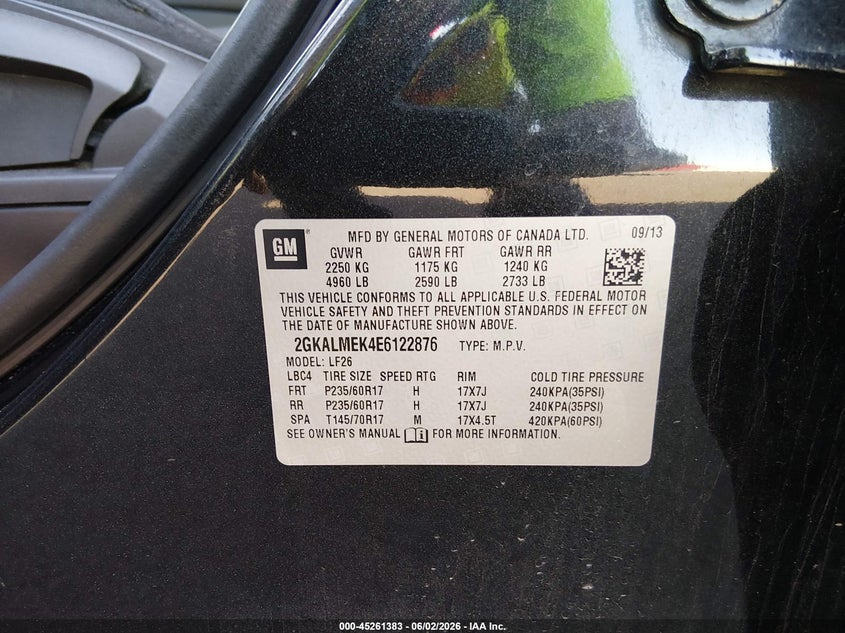 2014 Gmc Terrain VIN 2GKALMEK4E6122876 IAAI salvage auction — FRONT END, Salvage (Illinois), sold $650 on 2026-07-31 (photo 9)