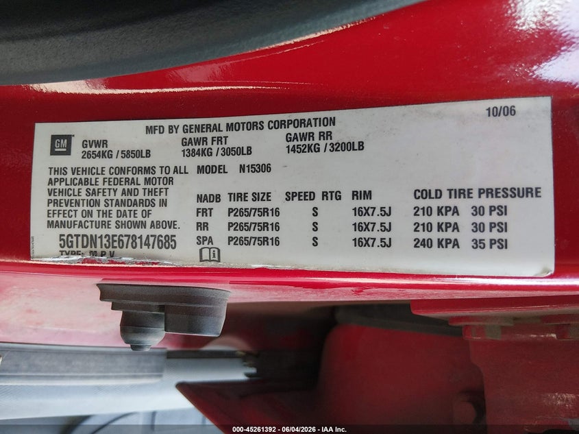 2007 Hummer H3 VIN 5GTDN13E678147685 IAAI salvage auction — UNKNOWN, Salvage (Texas), sold $500 on 2026-07-29 (photo 9)