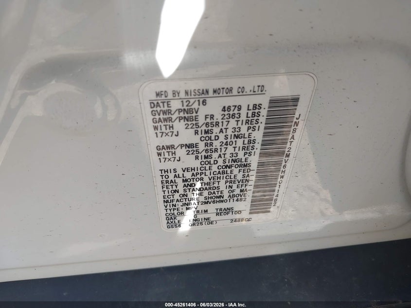 2017 Nissan Rogue VIN JN8AT2MV6HW011482 IAAI salvage auction — FRONT END, Salvage Title, sold $600 on 2026-07-14 (photo 9)