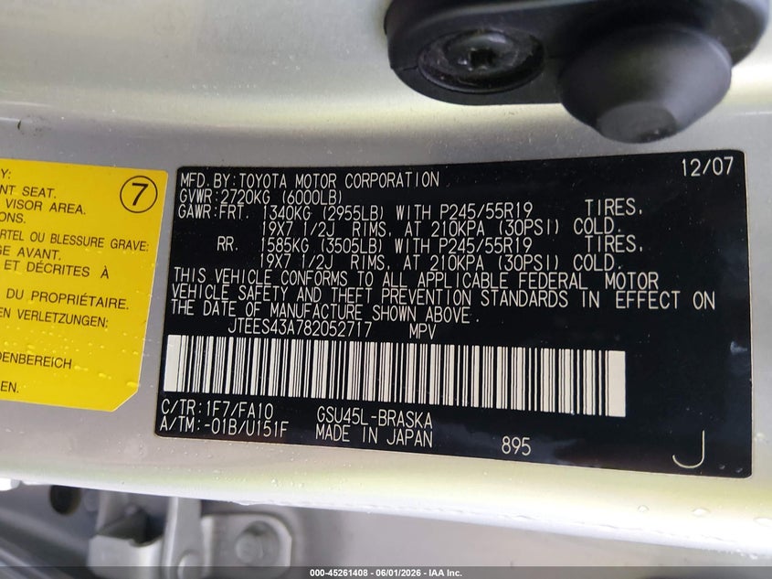 2008 Toyota Highlander VIN JTEES43A782052717 IAAI salvage auction — FRONT END, Salvage (Colorado), sold $1,700 on 2026-07-28 (photo 9)