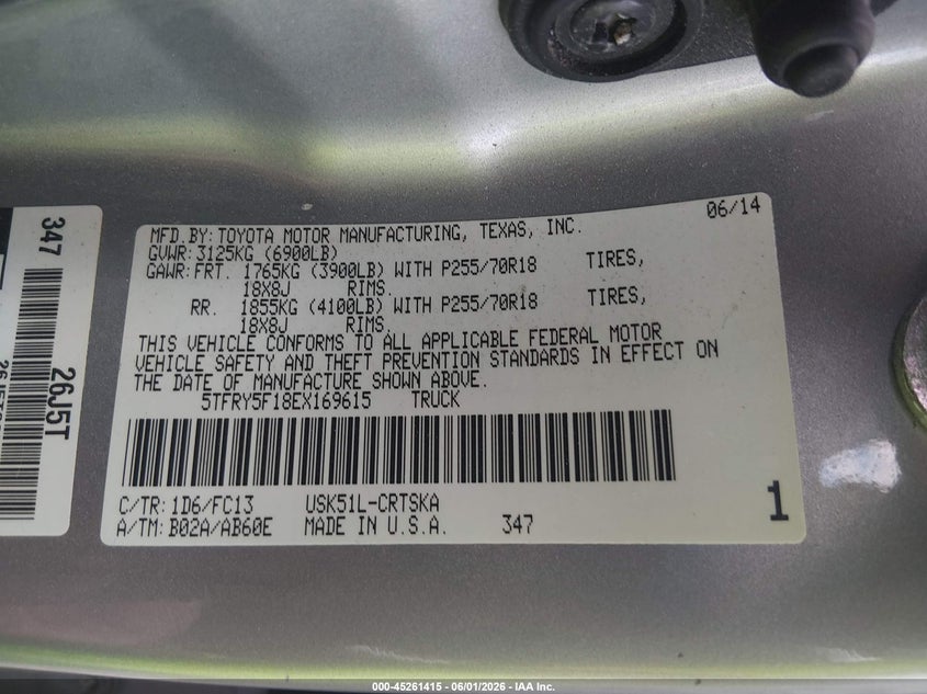 2014 Toyota Tundra VIN 5TFRY5F18EX169615 IAAI salvage auction — REAR END, Salvage Title, sold $7,250 on 2026-07-24 (photo 9)