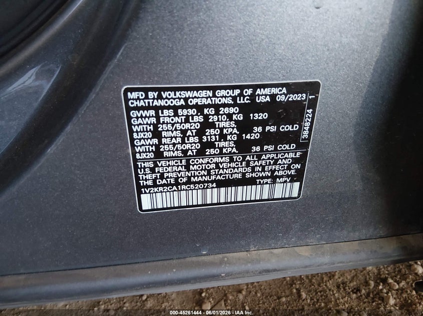 2024 Volkswagen Atlas VIN 1V2KR2CA1RC520734 IAAI salvage auction — RIGHT FRONT, Salvage (Arizona), sold $5,700 on 2026-08-09 (photo 9)