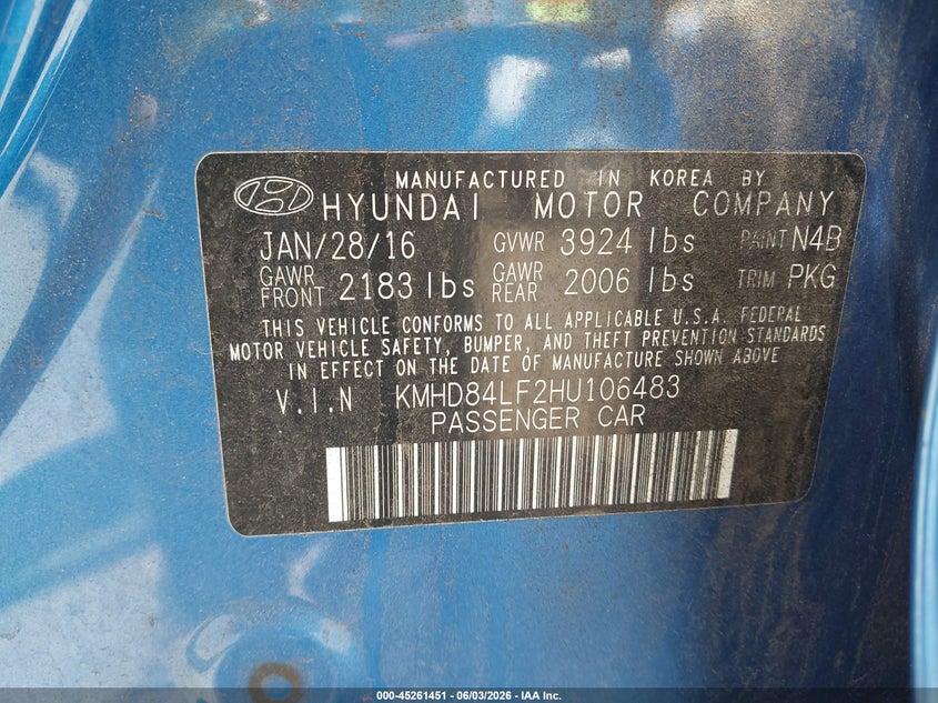 2017 Hyundai Elantra VIN KMHD84LF2HU106483 IAAI salvage auction — FRONT END, Salvage Title, sold $1,025 on 2026-07-20 (photo 9)