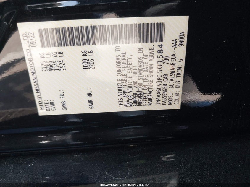 2023 Nissan Maxima VIN 1N4AA6EV3PC501584 IAAI salvage auction — FRONT END, Salvage Title, sold $2,550 on 2026-07-09 (photo 9)