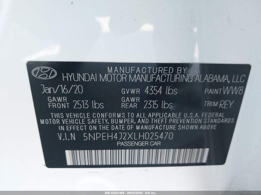 2020 Hyundai Sonata VIN 5NPEH4J2XLH025470 IAAI salvage auction — FRONT & REAR, Salvage Title, sold $700 on 2026-07-22 (photo 9)