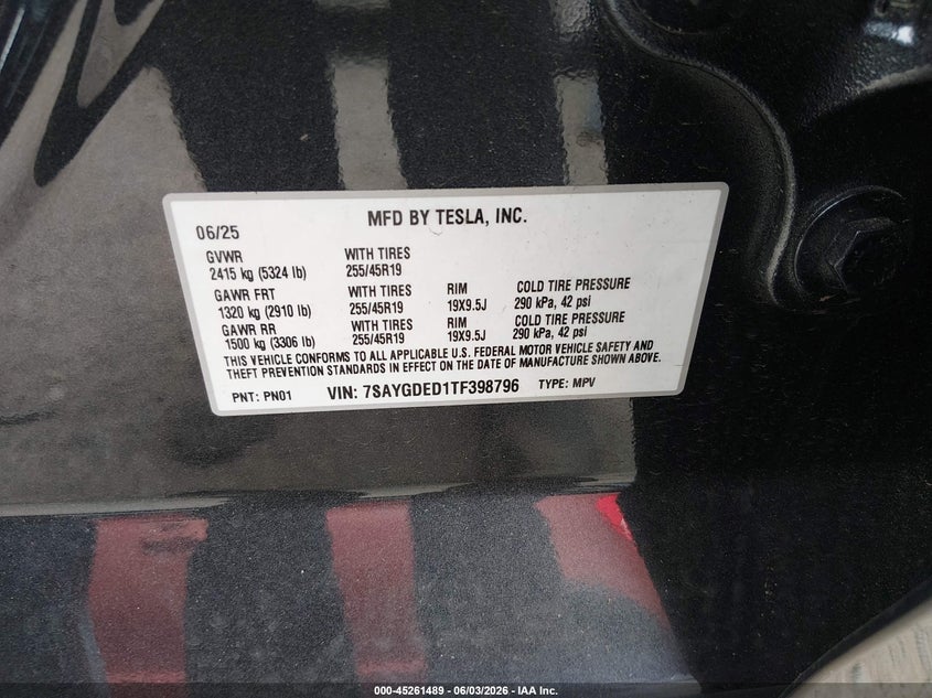 2026 Tesla Model y VIN 7SAYGDED1TF398796 IAAI salvage auction — FRONT END, Salvage Title, sold $18,300 on 2026-08-02 (photo 9)