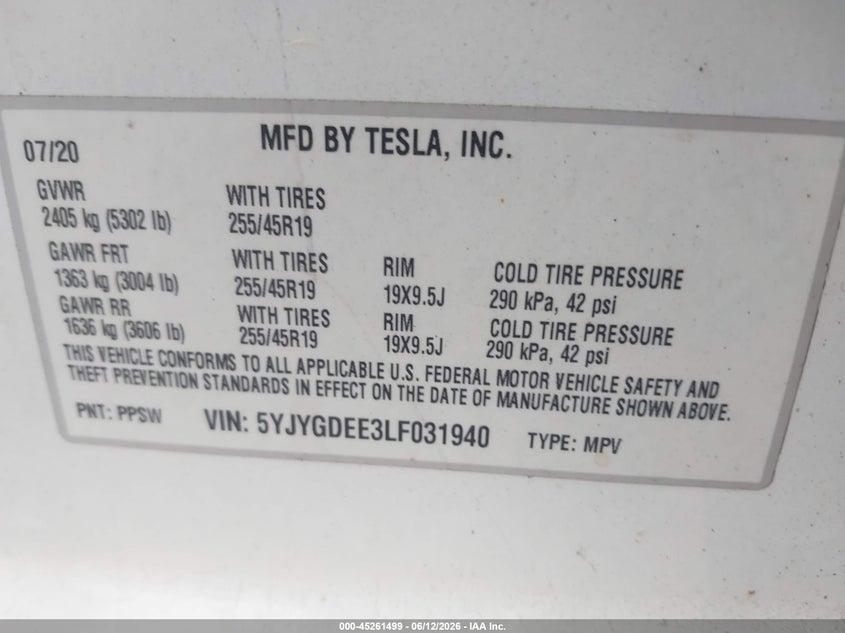 2020 Tesla Model y VIN 5YJYGDEE3LF031940 IAAI salvage auction — REAR END, Salvage (Massachusetts), sold $7,800 on 2026-07-26 (photo 9)