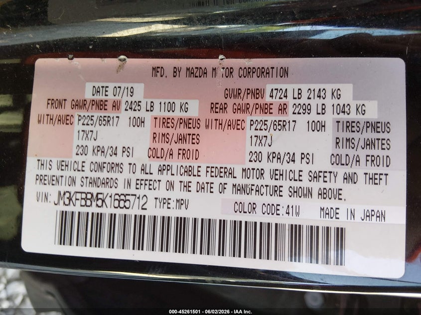 2019 Mazda Cx-5 VIN JM3KFBBM5K1665712 IAAI salvage auction — REAR END, Salvage Title, sold $25 on 2026-07-29 (photo 9)