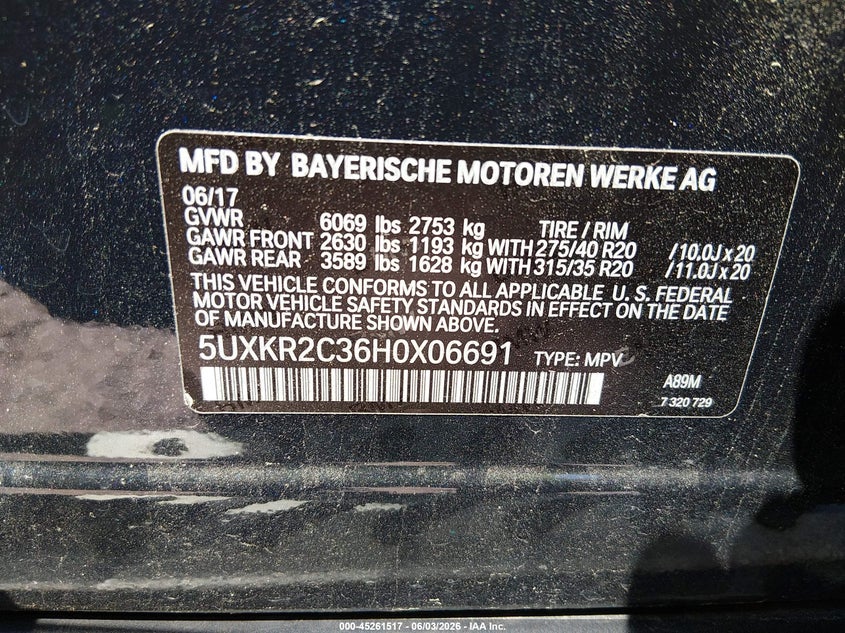 2017 BMW X5 VIN 5UXKR2C36H0X06691 IAAI salvage auction — FRONT END, Salvage Title, sold $2,950 on 2026-07-17 (photo 9)