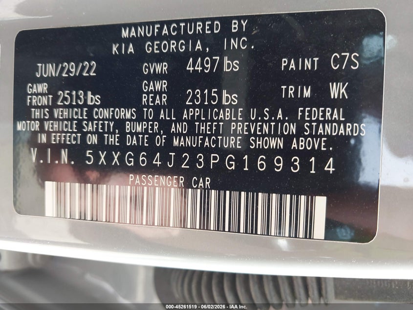 2023 Kia K5 VIN 5XXG64J23PG169314 IAAI salvage auction — FRONT END, Salvage Title, sold $4,175 on 2026-07-23 (photo 9)