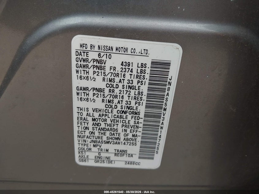 2010 Nissan Rogue VIN JN8AS5MV3AW147255 IAAI salvage auction — LEFT REAR, Salvage (Iowa), sold $700 on 2026-07-27 (photo 9)