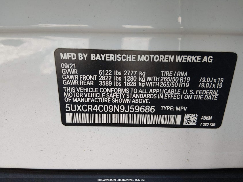 2022 BMW X5 VIN 5UXCR4C09N9J59686 IAAI salvage auction — FRONT END, Salvage (Georgia), sold $19,500 on 2026-07-31 (photo 9)