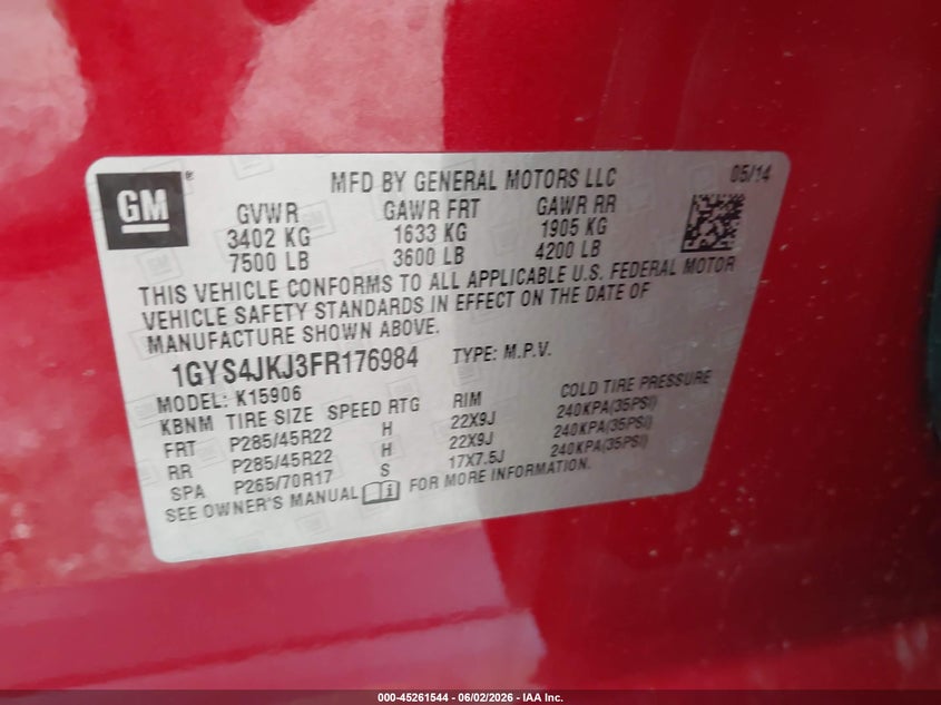 2015 Cadillac Escalade VIN 1GYS4JKJ3FR176984 IAAI salvage auction — FRONT END, Salvage Title, sold $4,200 on 2026-09-10 (photo 9)
