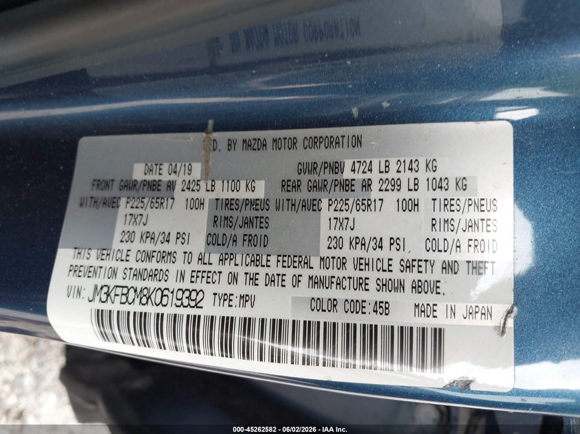 2019 Mazda Cx-5 VIN JM3KFBCM8K0619392 IAAI salvage auction — REAR END, Salvage Title, sold $2,550 on 2026-09-15 (photo 9)