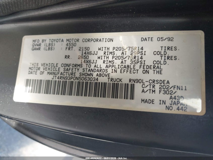 1992 Toyota Pickup VIN JT4RN93P0N5063034 IAAI salvage auction — NORMAL WEAR, Clear-Dealer Only (North Carolina), sold $1,600 on 2026-07-13 (photo 9)