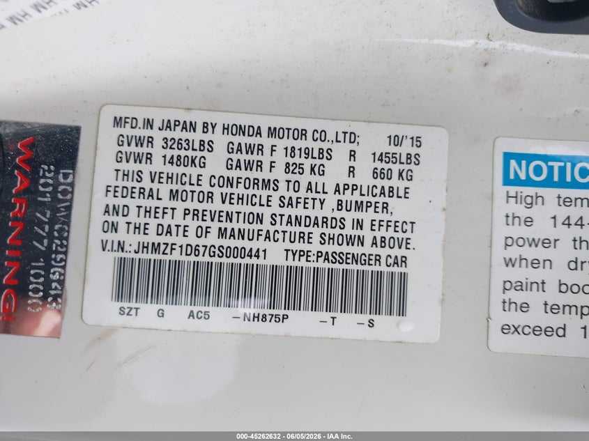 2016 Honda Cr-z VIN JHMZF1D67GS000441 IAAI salvage auction — HAIL, Salvage Title, sold $4,950 on 2026-07-22 (photo 9)