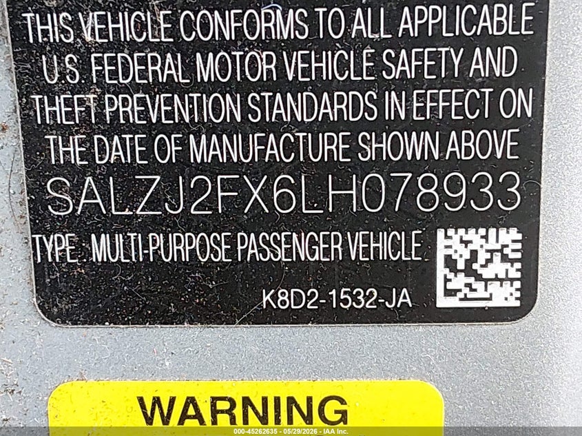 2020 Land rover Range rover evoque VIN SALZJ2FX6LH078933 IAAI salvage auction — REAR END, Salvage (Massachusetts), sold $10,025 on 2026-08-11 (photo 9)