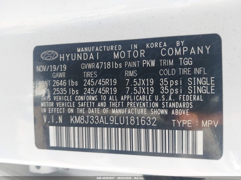 2020 Hyundai Tucson VIN KM8J33AL9LU181632 IAAI salvage auction — FRONT END, Salvage Title, sold $2,600 on 2026-07-07 (photo 9)
