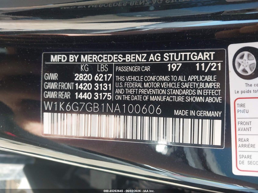 2022 Mercedes-benz S-klasse VIN W1K6G7GB1NA100606 IAAI salvage auction — REAR END, Salvage (Illinois), sold $37,800 on 2026-07-30 (photo 9)