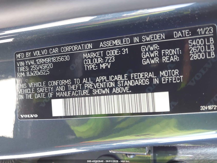 2024 Volvo Xc60 VIN YV4L12RM9R1835630 IAAI salvage auction — NORMAL WEAR, Salvage Title, sold $24,100 on 2026-07-06 (photo 9)