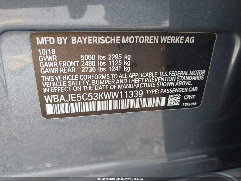 2019 BMW 5er VIN WBAJE5C53KWW11339 IAAI salvage auction — WATER/FLOOD, Salvage Title, sold $13,700 on 2026-08-20 (photo 9)