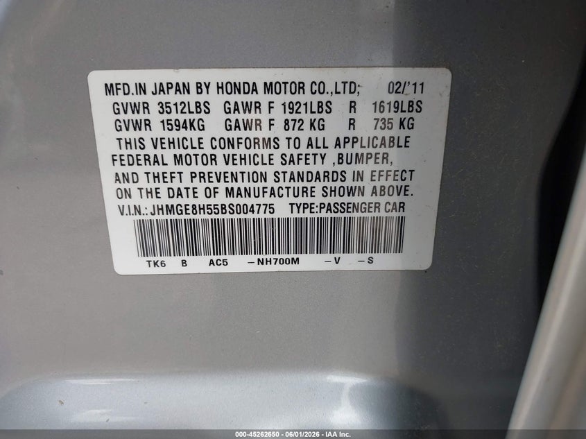 2011 Honda Fit VIN JHMGE8H55BS004775 IAAI salvage auction — REAR END, Clear (Indiana), sold $775 on 2026-07-15 (photo 9)