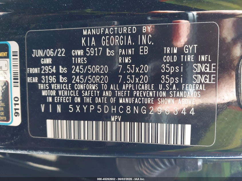 2022 Kia Telluride VIN 5XYP5DHC8NG296344 IAAI salvage auction — FRONT END, Salvage Title, sold $5,550 on 2026-07-23 (photo 9)