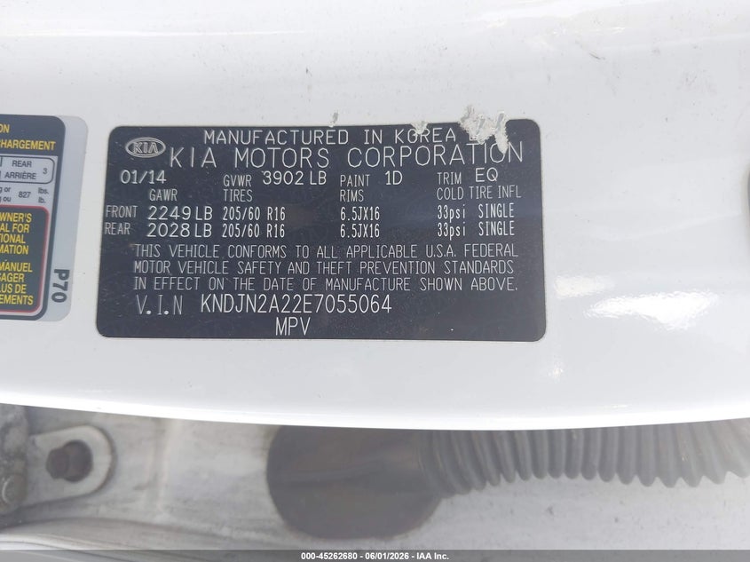 2014 Kia Soul VIN KNDJN2A22E7055064 IAAI salvage auction — NORMAL WEAR, Salvage Title, sold $1,200 on 2026-07-16 (photo 9)