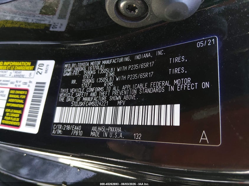 2021 Toyota Sienna VIN 5TDJSKFC4MS024221 IAAI salvage auction — LEFT FRONT, Salvage Title, sold $12,500 on 2026-07-24 (photo 9)